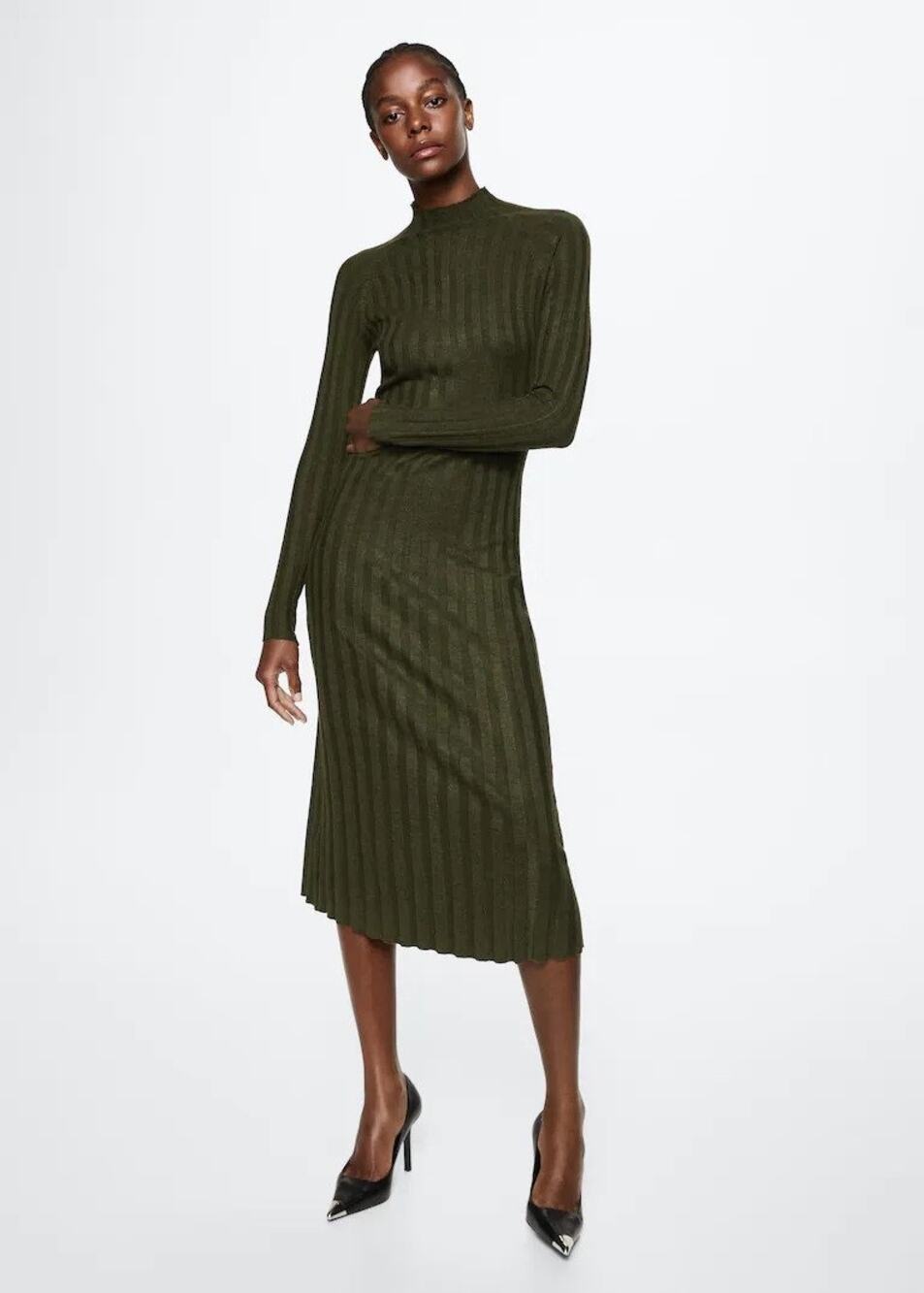 Mango Olive Green Ribbed Mock Neck Midi Dress XXS Long Sleeve Fall